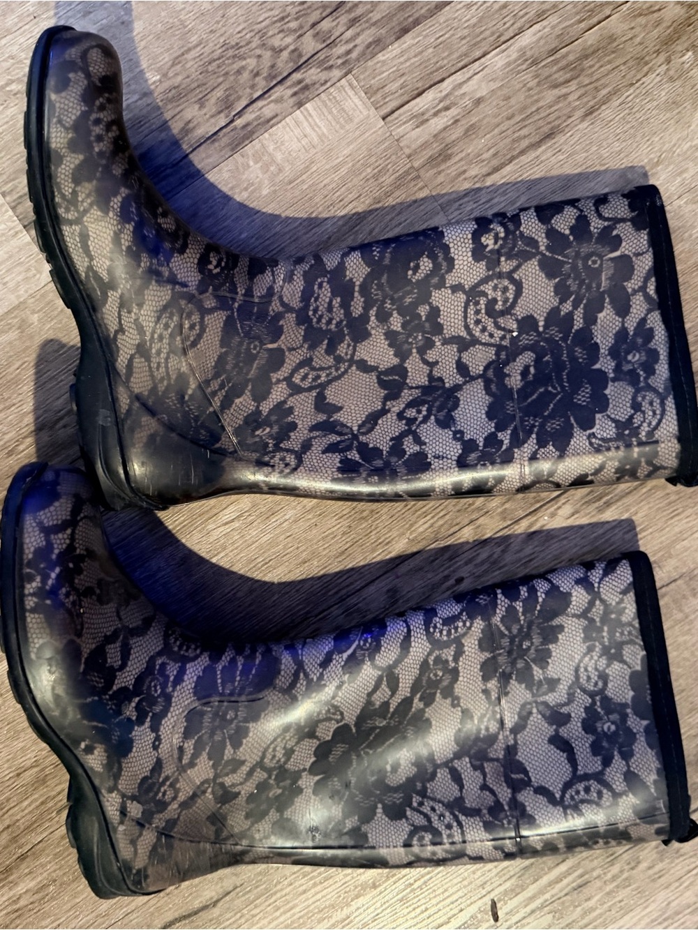 Lace-Pattern Waterproof Tall Rain Boots - Black